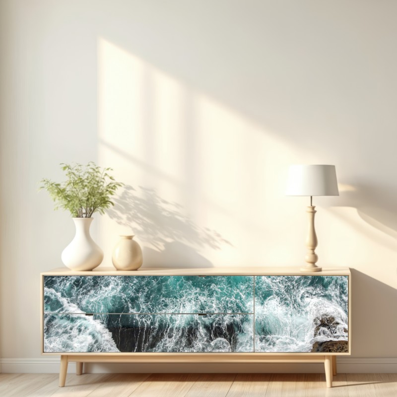 Naklejka repozycjonowalna turkusowe wybrzeże z lotu ptaka z rozbijającymi się falami – Wallissimo® Naklejka repozycjonowalna turkusowe wybrzeże z lotu ptaka z rozbijającymi się falami – Wallissimo®