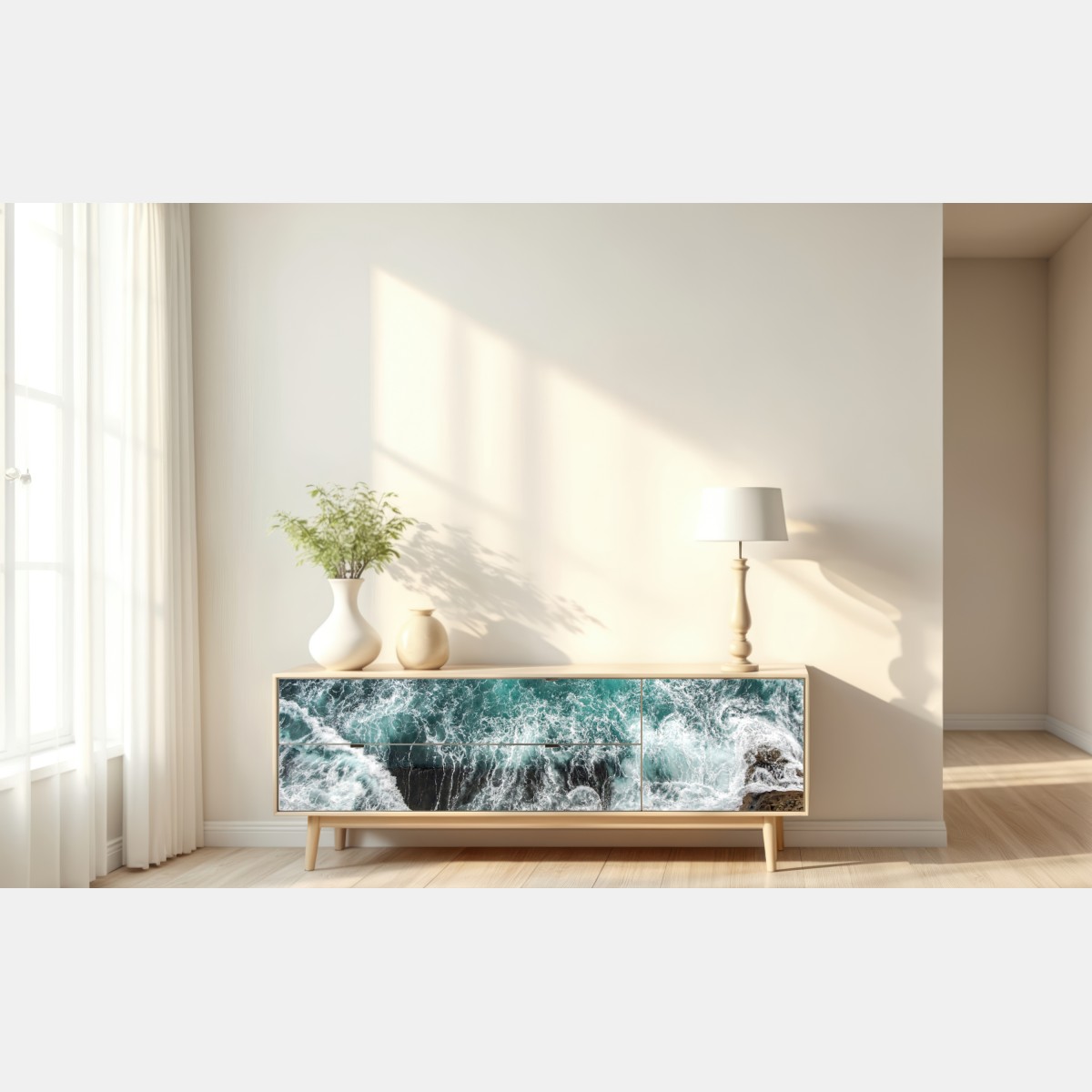 Naklejka repozycjonowalna turkusowe wybrzeże z lotu ptaka z rozbijającymi się falami – Wallissimo® Naklejka repozycjonowalna turkusowe wybrzeże z lotu ptaka z rozbijającymi się falami – Wallissimo®