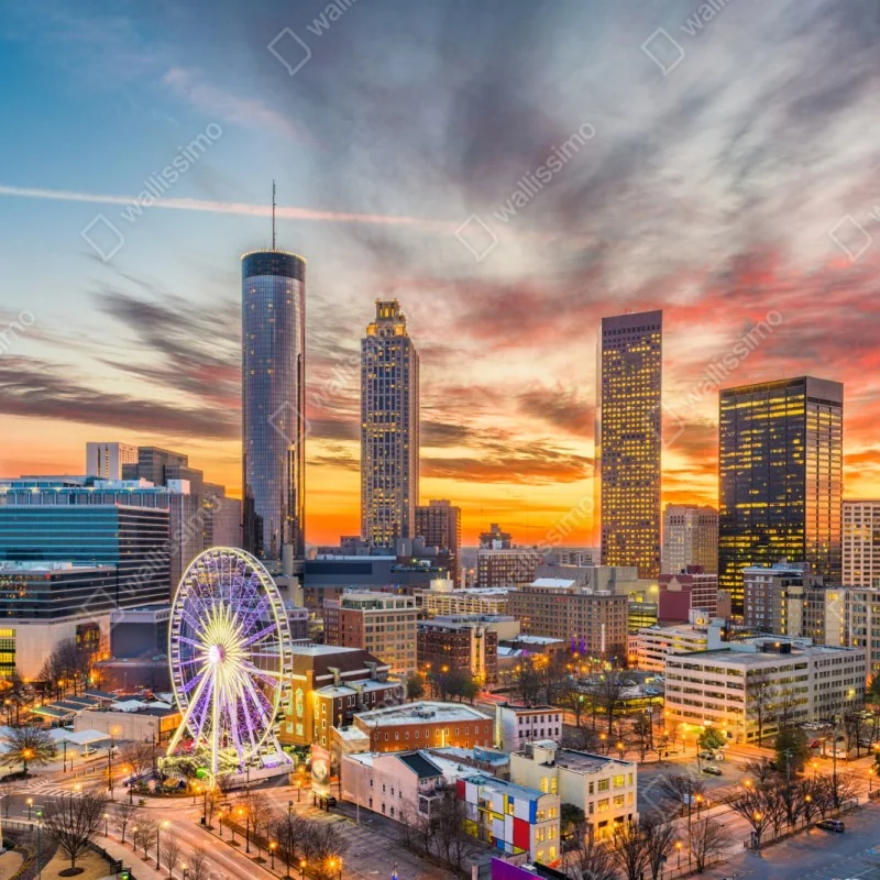 Naklejka repozycjonowalna Atlanta panorama miasta przy zachodzie słońca – Wallissimo® Naklejka repozycjonowalna Atlanta panorama miasta przy zachodzie słońca – Wallissimo®