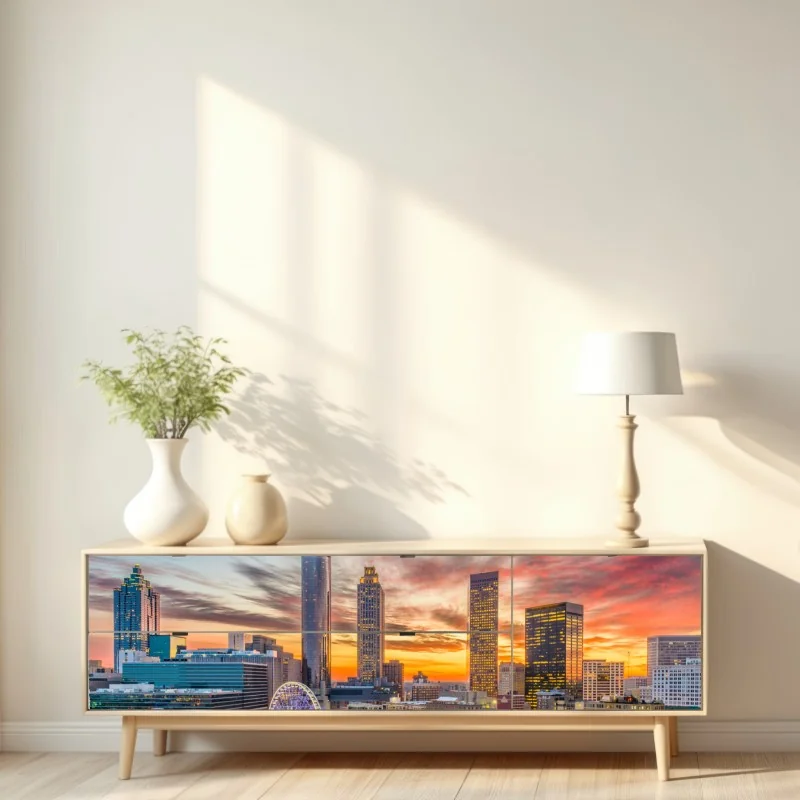 Naklejka repozycjonowalna Atlanta panorama miasta przy zachodzie słońca – Wallissimo® Naklejka repozycjonowalna Atlanta panorama miasta przy zachodzie słońca – Wallissimo®