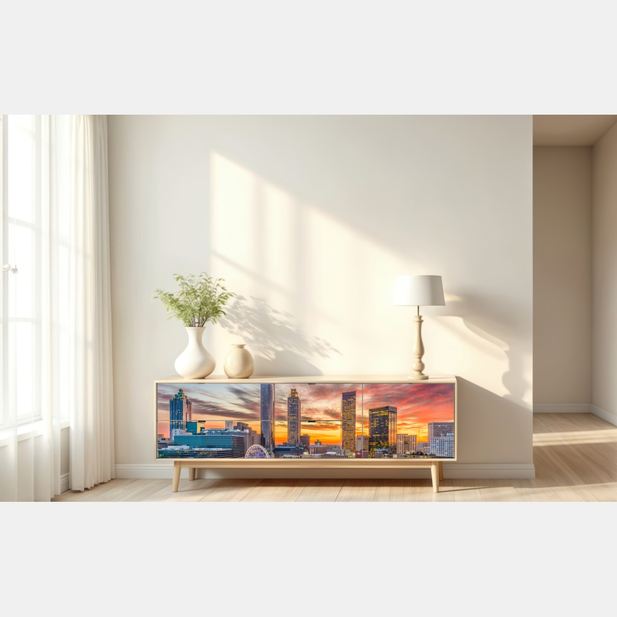 Naklejka repozycjonowalna Atlanta panorama miasta przy zachodzie słońca – Wallissimo® Naklejka repozycjonowalna Atlanta panorama miasta przy zachodzie słońca – Wallissimo®