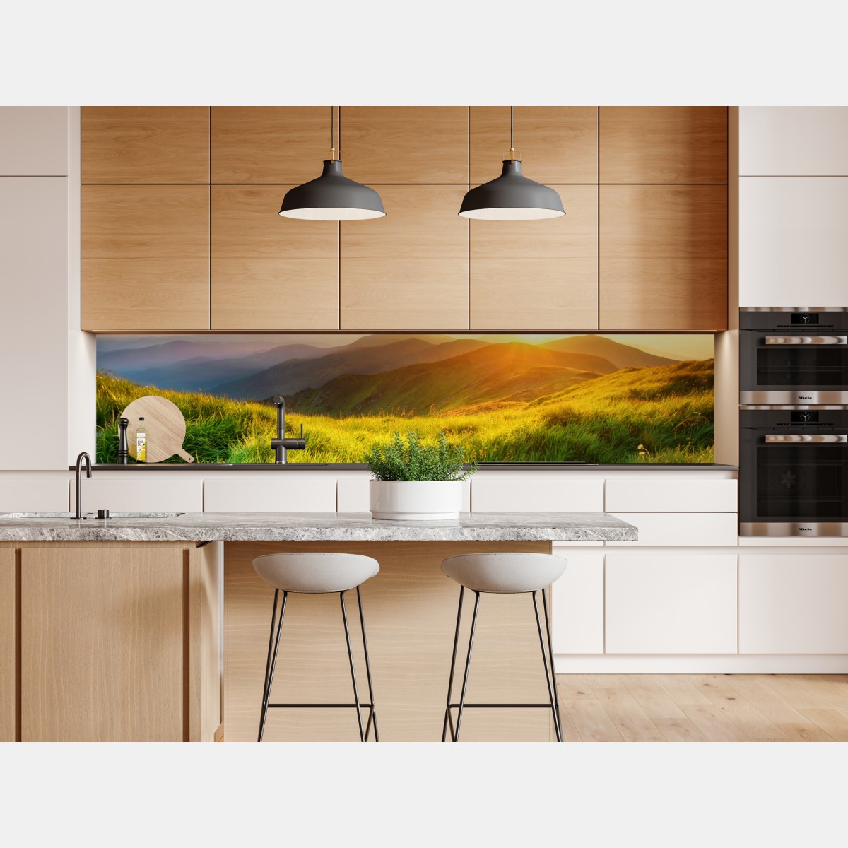 Naklejka repozycjonowalna słoneczna górska łąka o wschodzie słońca – Wallissimo® Naklejka repozycjonowalna słoneczna górska łąka o wschodzie słońca – Wallissimo®