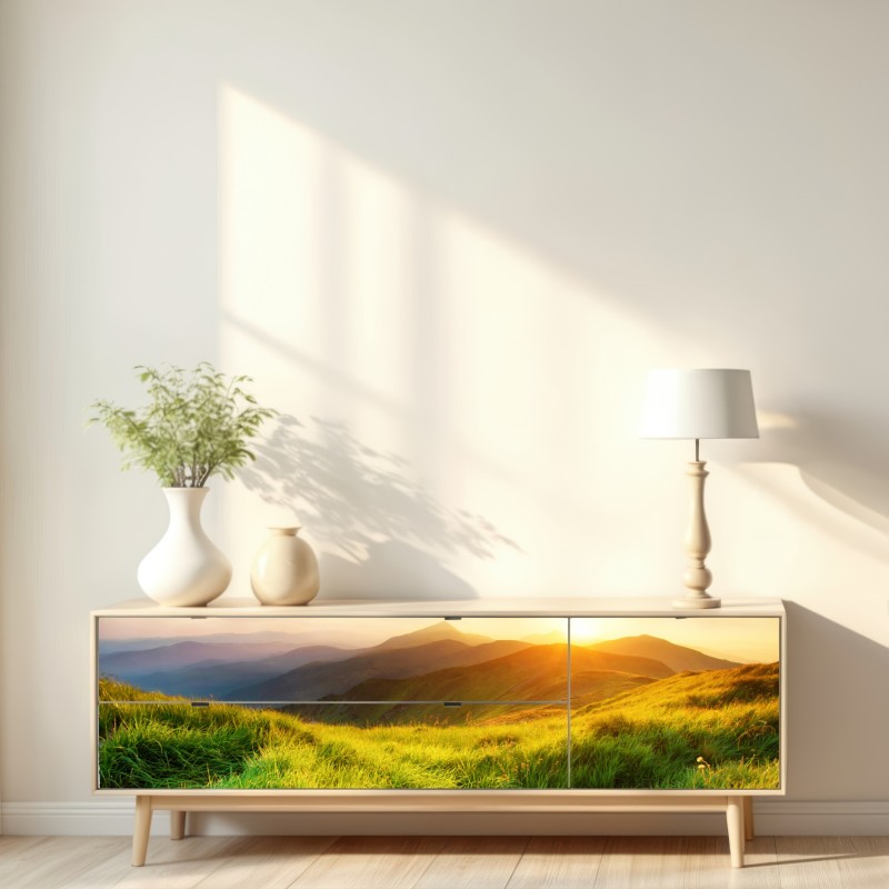 Naklejka repozycjonowalna słoneczna górska łąka o wschodzie słońca – Wallissimo® Naklejka repozycjonowalna słoneczna górska łąka o wschodzie słońca – Wallissimo®