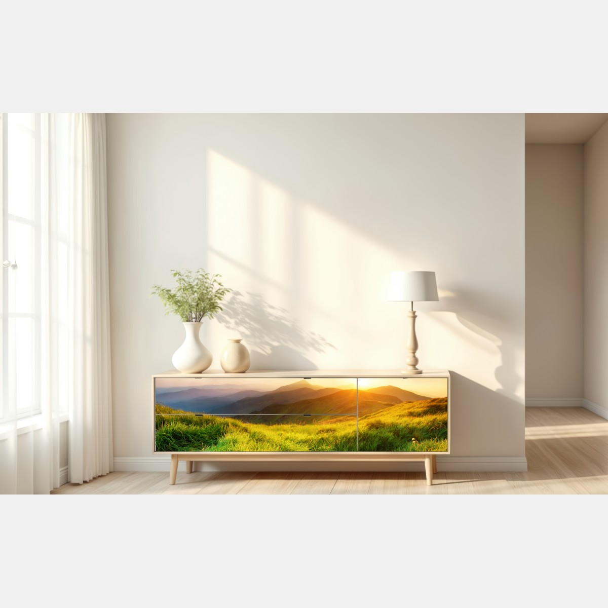 Naklejka repozycjonowalna słoneczna górska łąka o wschodzie słońca – Wallissimo® Naklejka repozycjonowalna słoneczna górska łąka o wschodzie słońca – Wallissimo®