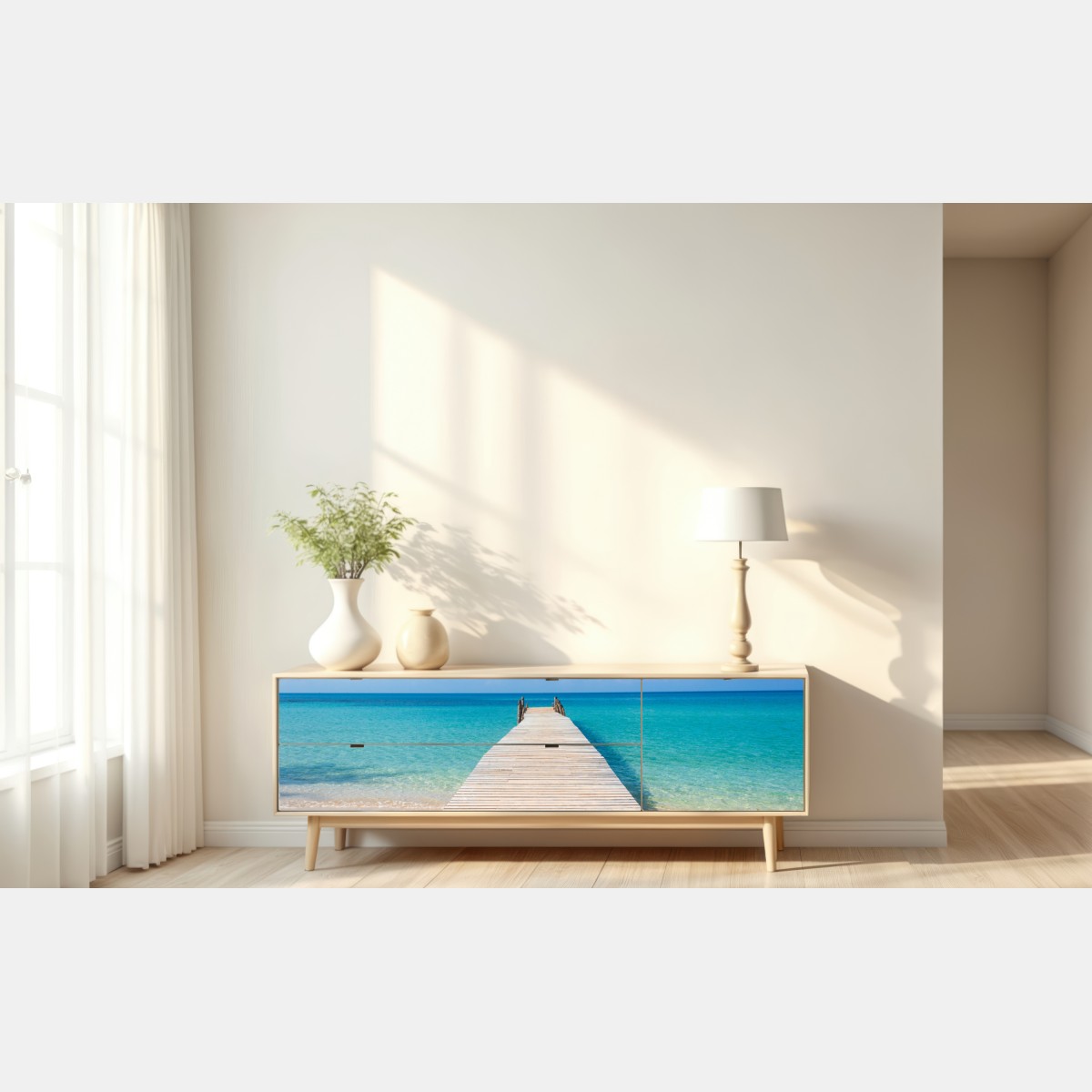 Naklejka repozycjonowalna drewniany pomost nad turkusowym morzem – Wallissimo® Naklejka repozycjonowalna drewniany pomost nad turkusowym morzem – Wallissimo®