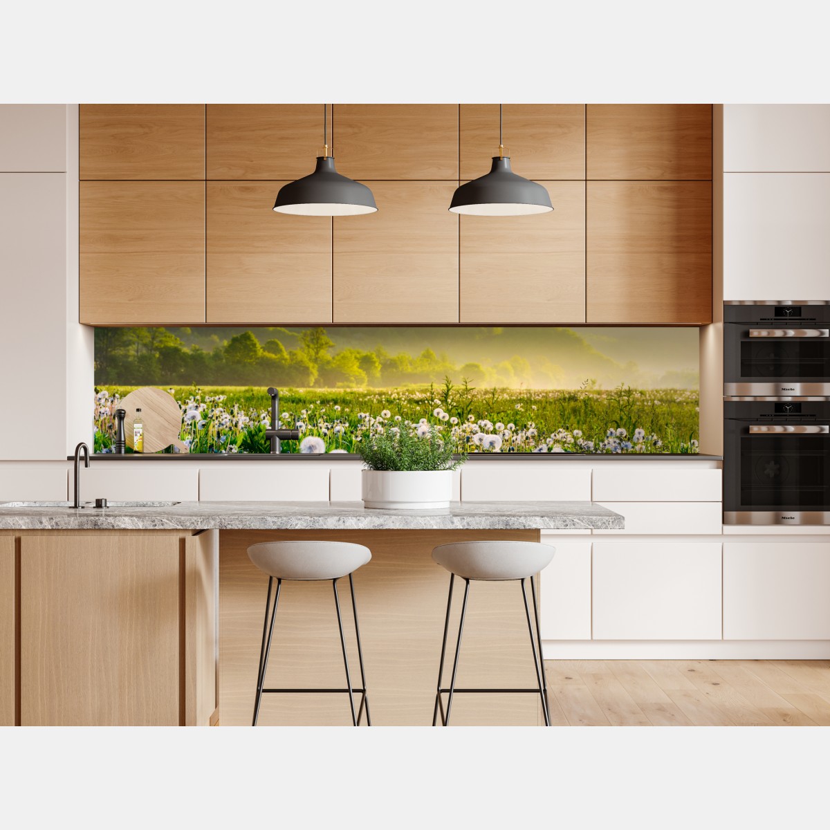 Naklejka repozycjonowalna mglista łąka mleczy o wschodzie słońca – Wallissimo® Naklejka repozycjonowalna mglista łąka mleczy o wschodzie słońca – Wallissimo®