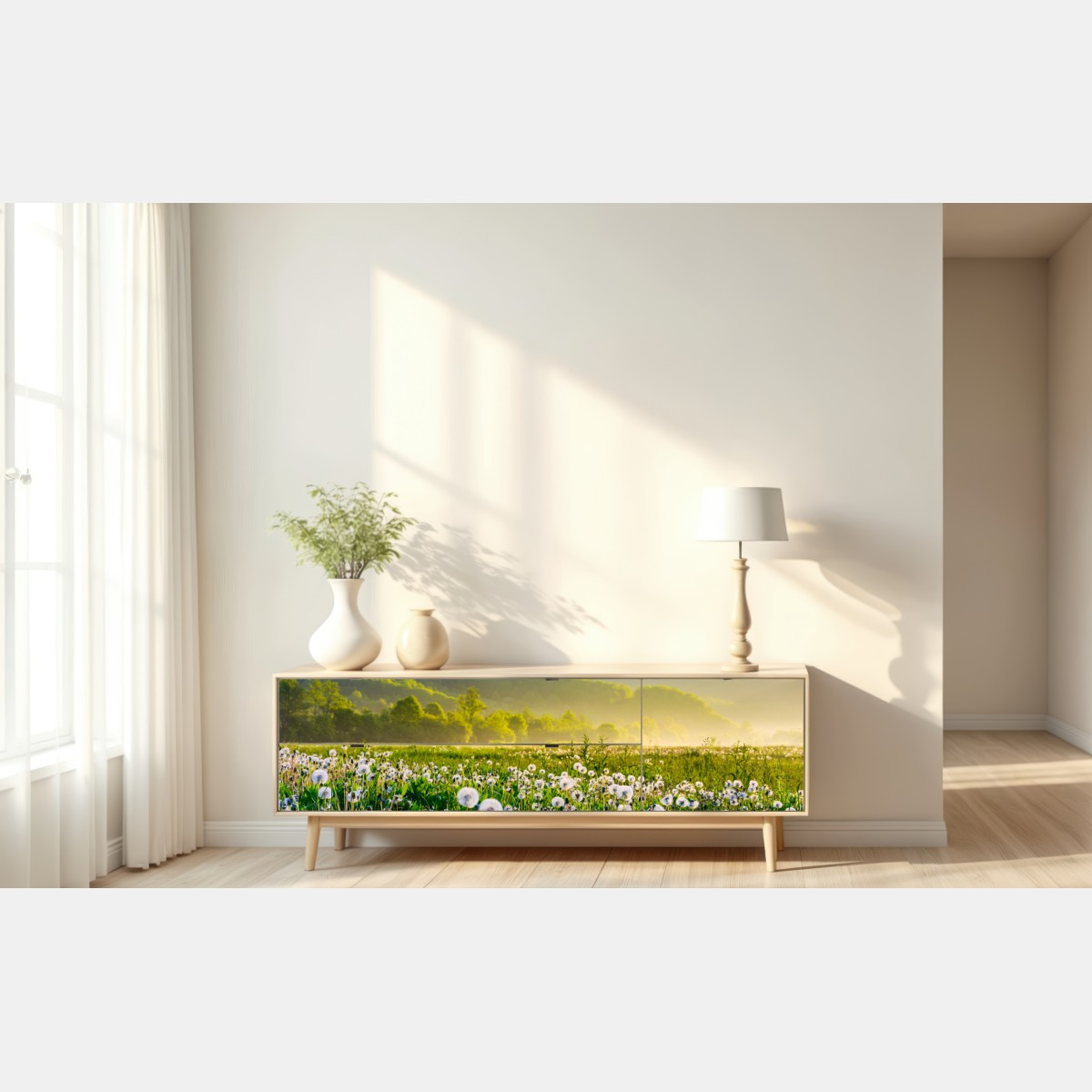 Naklejka repozycjonowalna mglista łąka mleczy o wschodzie słońca – Wallissimo® Naklejka repozycjonowalna mglista łąka mleczy o wschodzie słońca – Wallissimo®