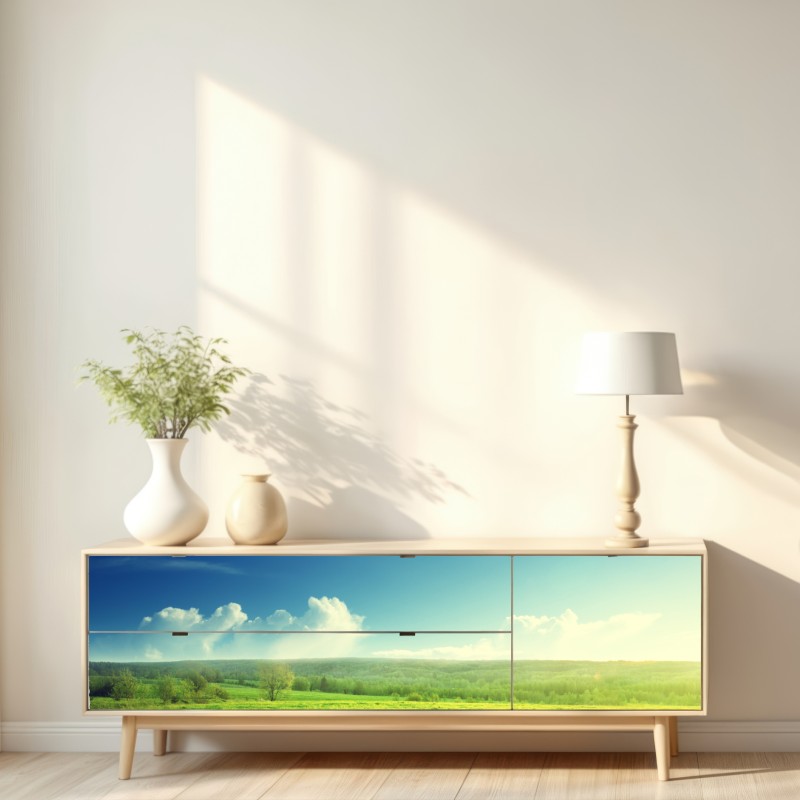 Naklejka repozycjonowalna słoneczna wiosenna łąka o zachodzie słońca – Wallissimo® Naklejka repozycjonowalna słoneczna wiosenna łąka o zachodzie słońca – Wallissimo®