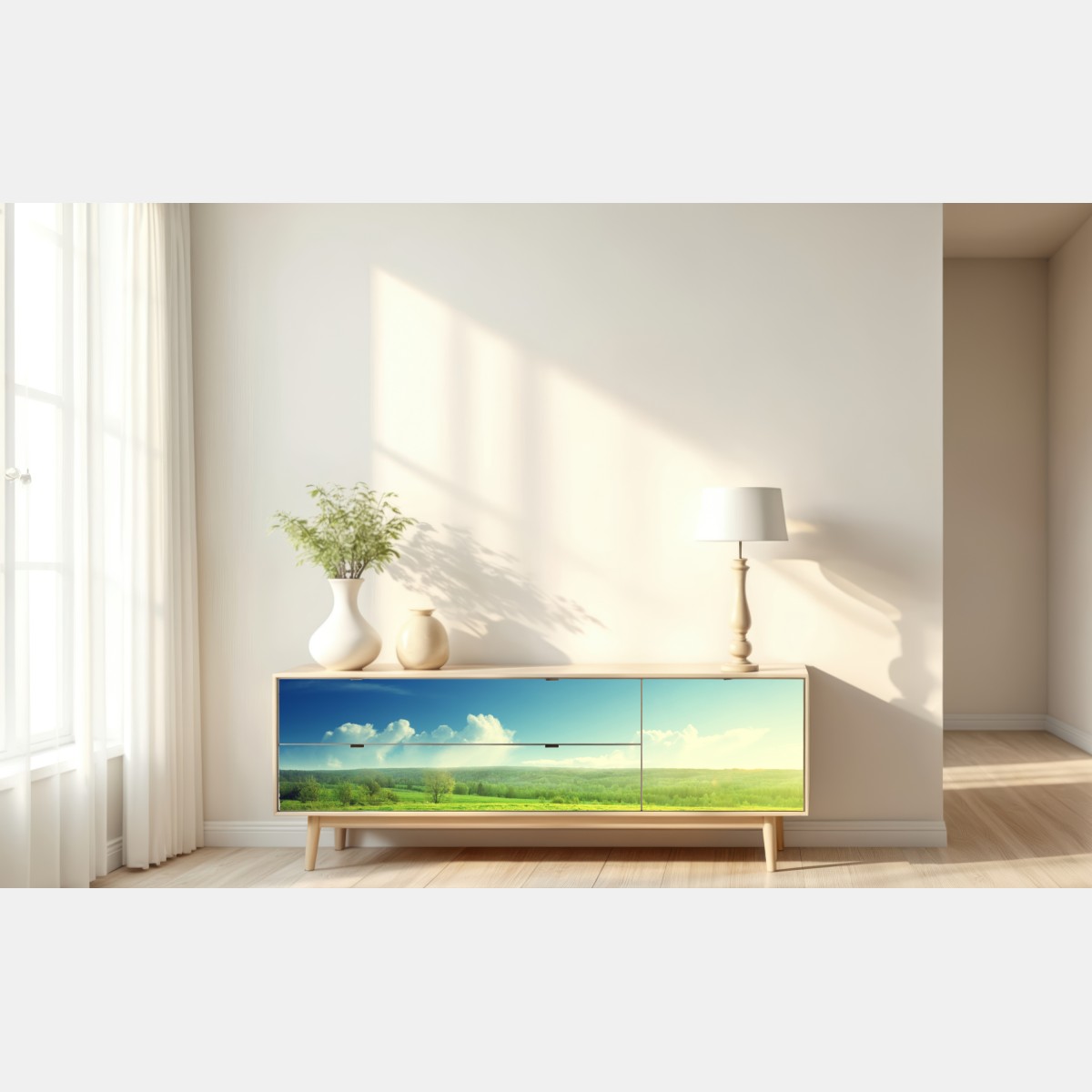 Naklejka repozycjonowalna słoneczna wiosenna łąka o zachodzie słońca – Wallissimo® Naklejka repozycjonowalna słoneczna wiosenna łąka o zachodzie słońca – Wallissimo®