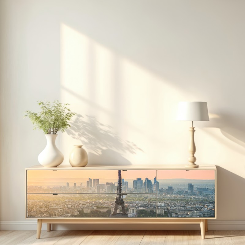 Naklejka repozycjonowalna Paryż panorama o zachodzie słońca z Wieżą Eiffla – Wallissimo® Naklejka repozycjonowalna Paryż panorama o zachodzie słońca z Wieżą Eiffla – Wallissimo®