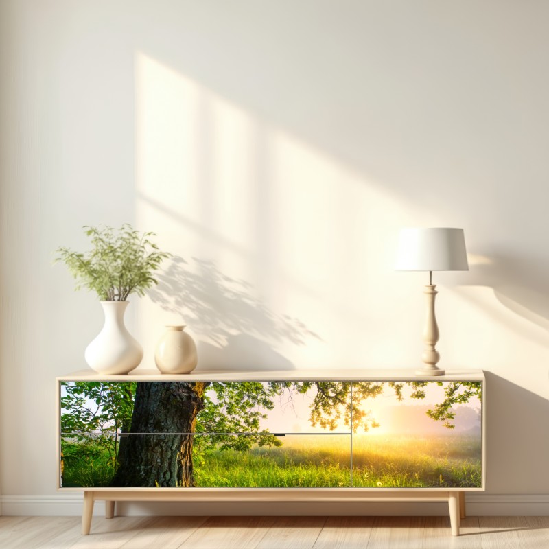 Naklejka repozycjonowalna poranny dąb na rozświetlonej łące – Wallissimo® Naklejka repozycjonowalna poranny dąb na rozświetlonej łące – Wallissimo®