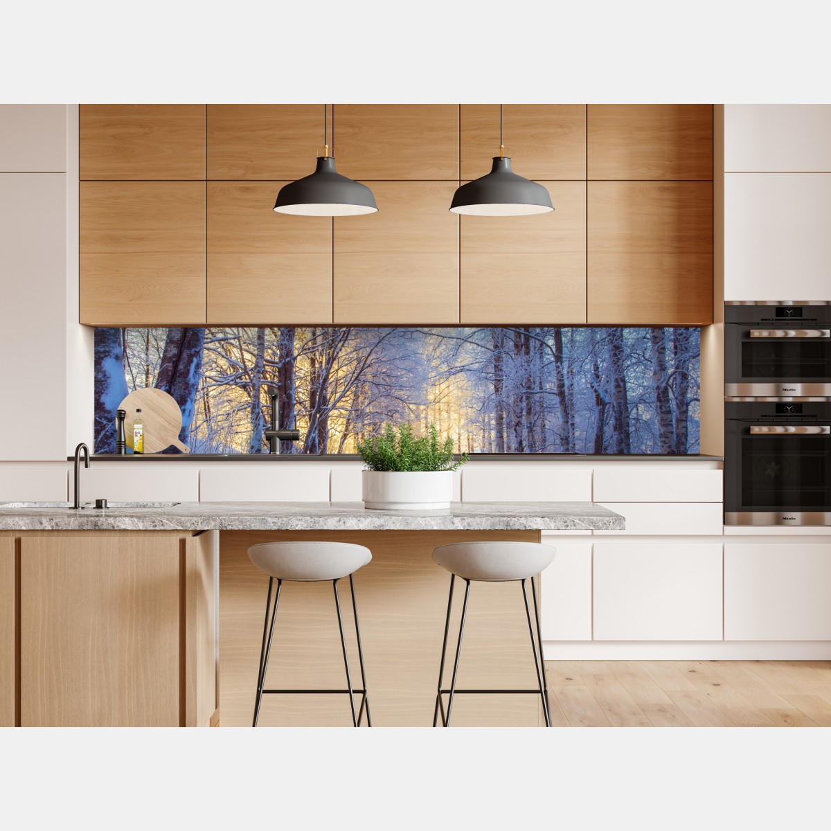 Naklejka repozycjonowalna zimowy las brzozowy ze złotym świtem – Wallissimo® Naklejka repozycjonowalna zimowy las brzozowy ze złotym świtem – Wallissimo®