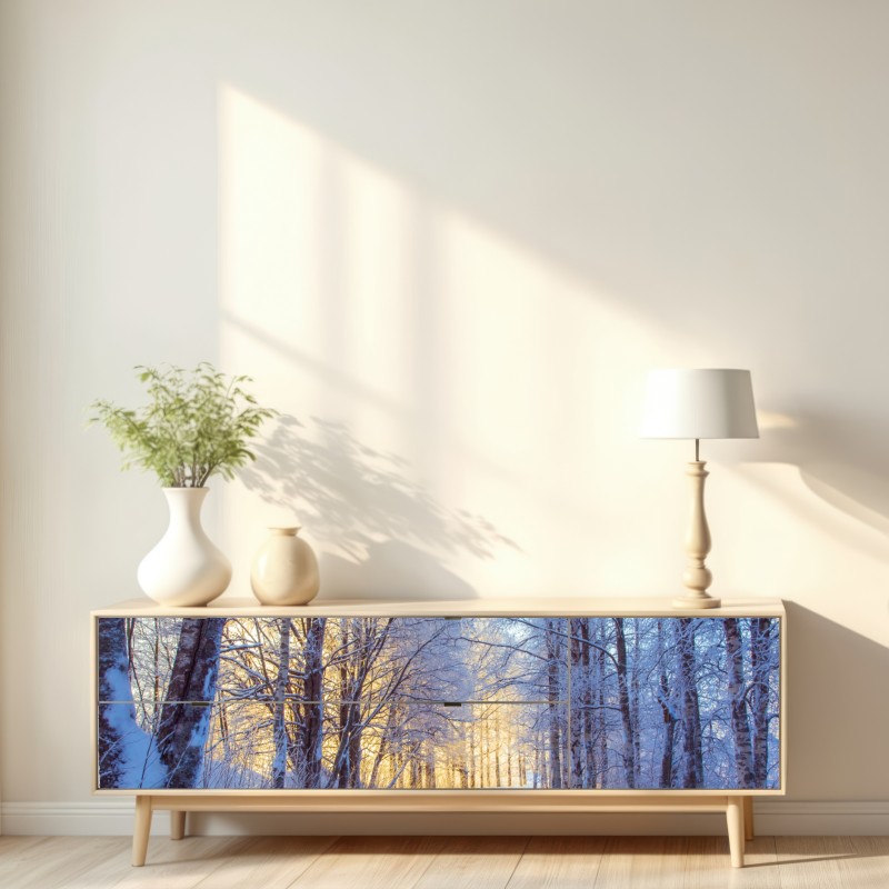 Naklejka repozycjonowalna zimowy las brzozowy ze złotym świtem – Wallissimo® Naklejka repozycjonowalna zimowy las brzozowy ze złotym świtem – Wallissimo®