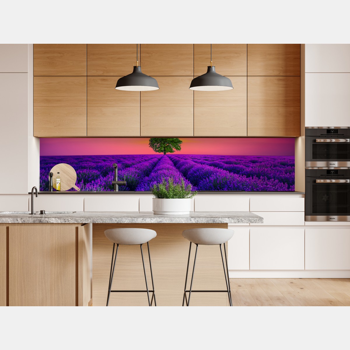 Naklejka repozycjonowalna pole lawendy o zachodzie słońca z samotnym drzewem – Wallissimo® Naklejka repozycjonowalna pole lawendy o zachodzie słońca z samotnym drzewem – Wallissimo®