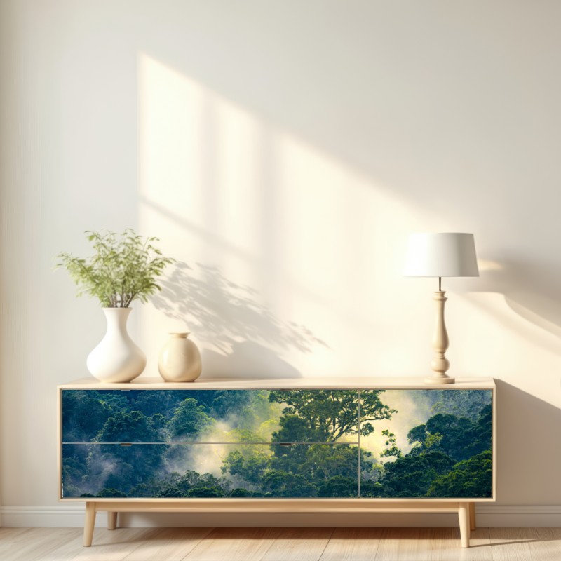 Naklejka repozycjonowalna mglisty las deszczowy z koronami drzew – Wallissimo® Naklejka repozycjonowalna mglisty las deszczowy z koronami drzew – Wallissimo®