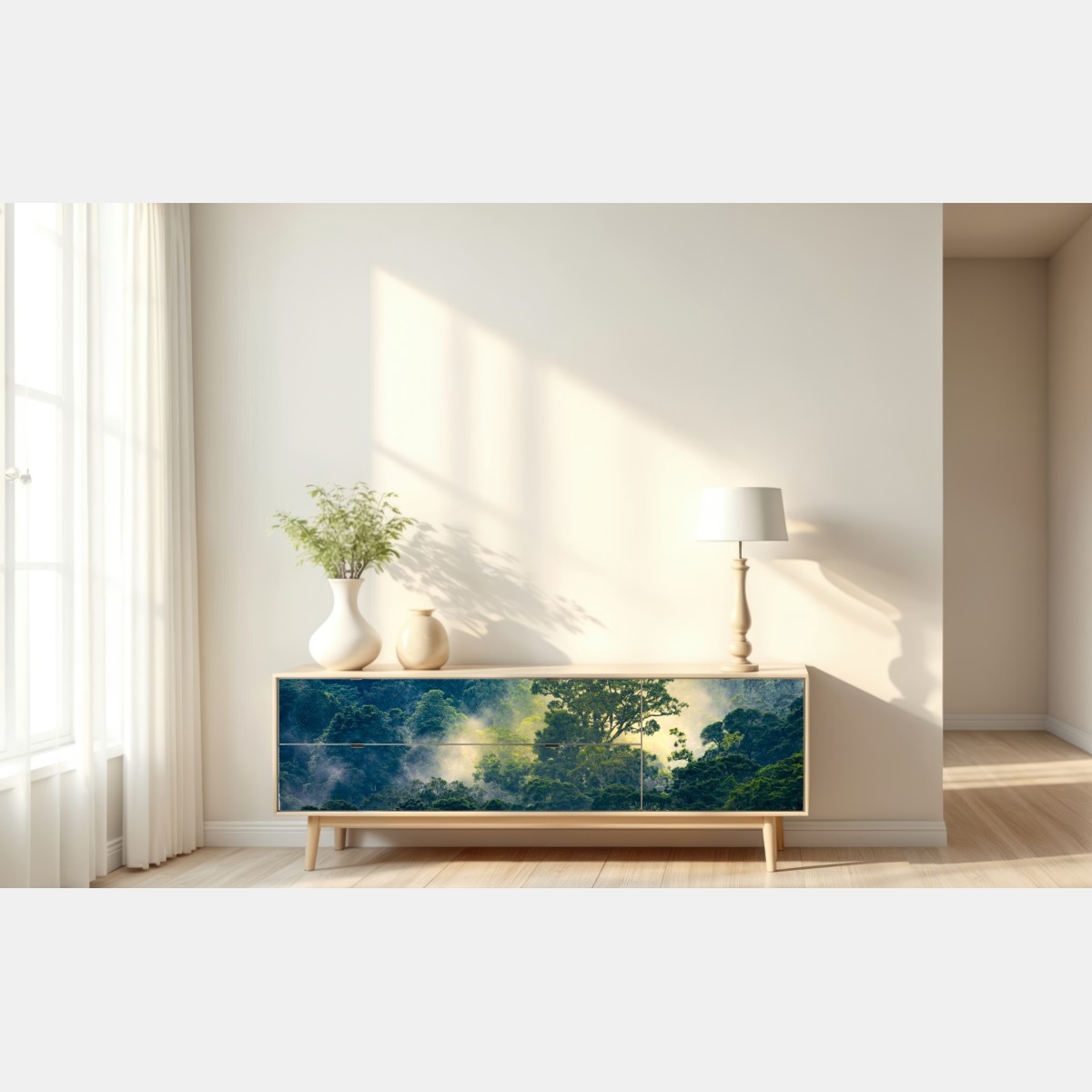 Naklejka repozycjonowalna mglisty las deszczowy z koronami drzew – Wallissimo® Naklejka repozycjonowalna mglisty las deszczowy z koronami drzew – Wallissimo®
