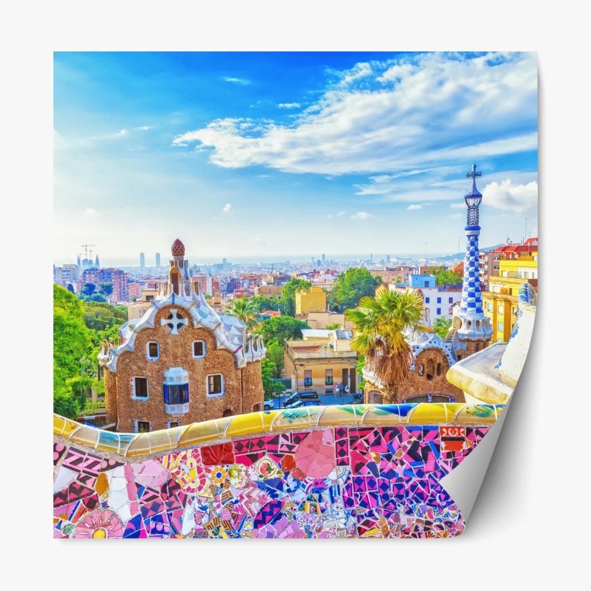 Naklejka repozycjonowalna żywa Barcelona Park Güell mozaikowa panorama – Wallissimo® Naklejka repozycjonowalna żywa Barcelona Park Güell mozaikowa panorama – Wallissimo®