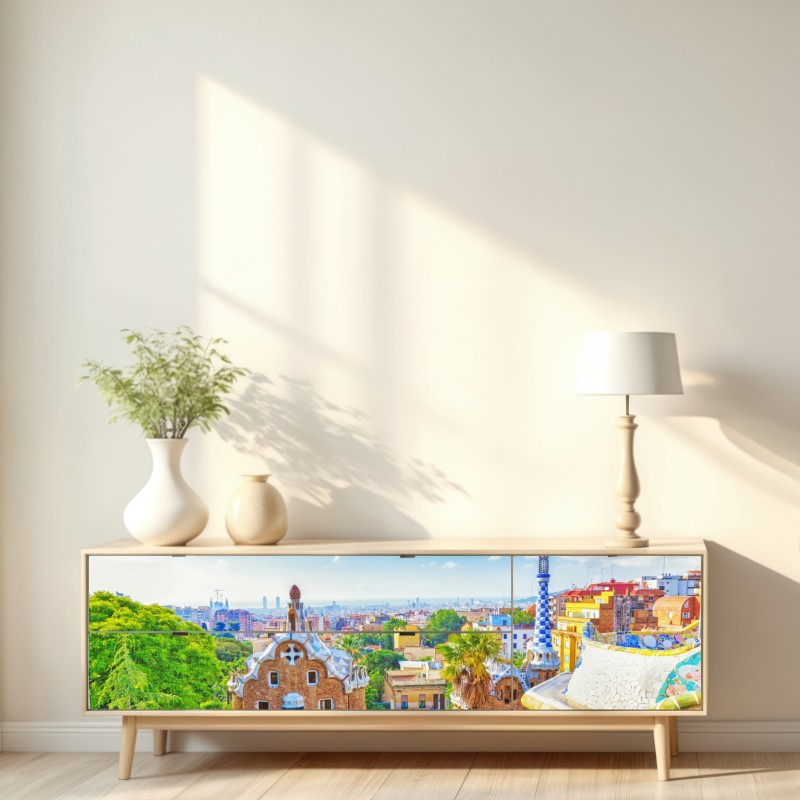 Naklejka repozycjonowalna żywa Barcelona Park Güell mozaikowa panorama – Wallissimo® Naklejka repozycjonowalna żywa Barcelona Park Güell mozaikowa panorama – Wallissimo®