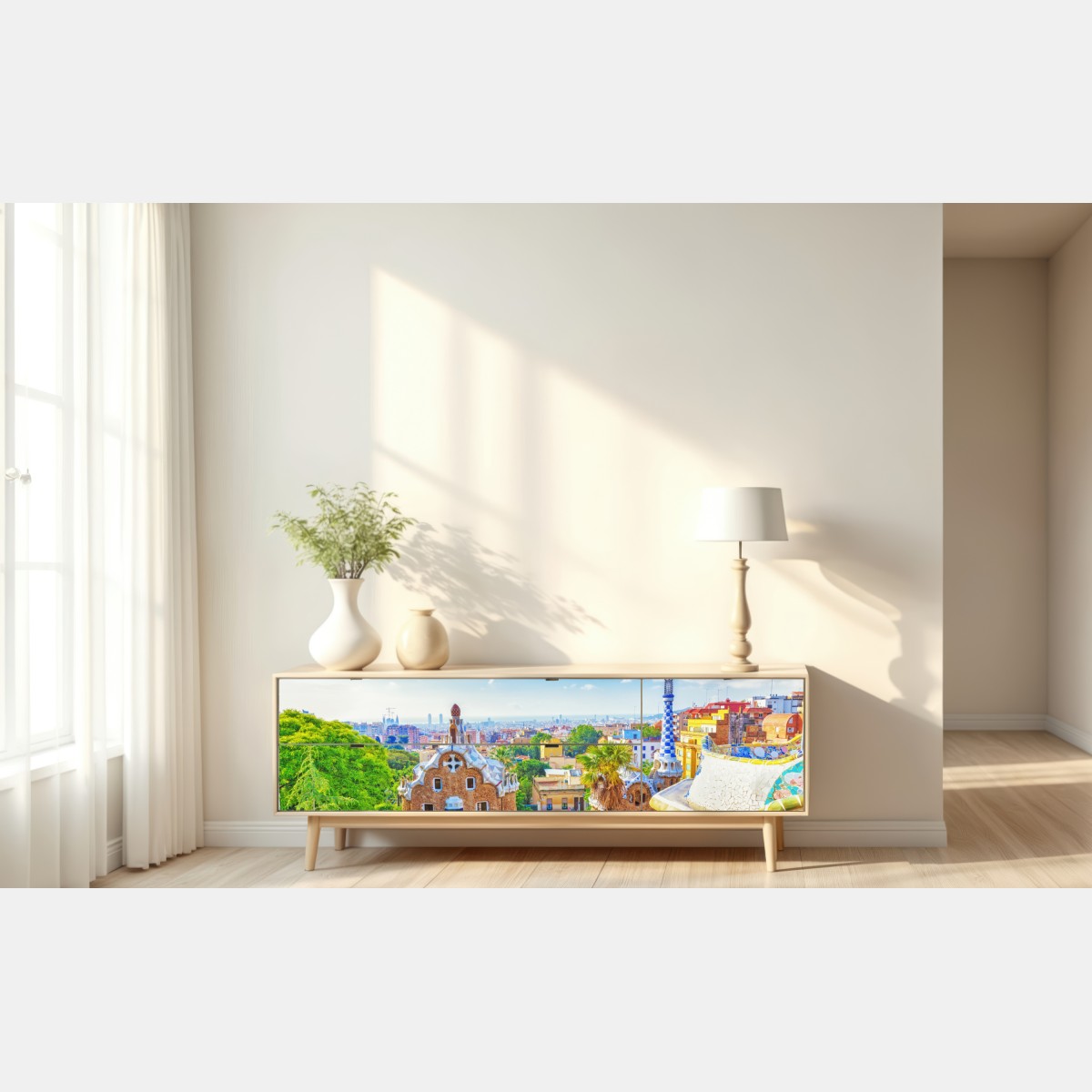 Naklejka repozycjonowalna żywa Barcelona Park Güell mozaikowa panorama – Wallissimo® Naklejka repozycjonowalna żywa Barcelona Park Güell mozaikowa panorama – Wallissimo®