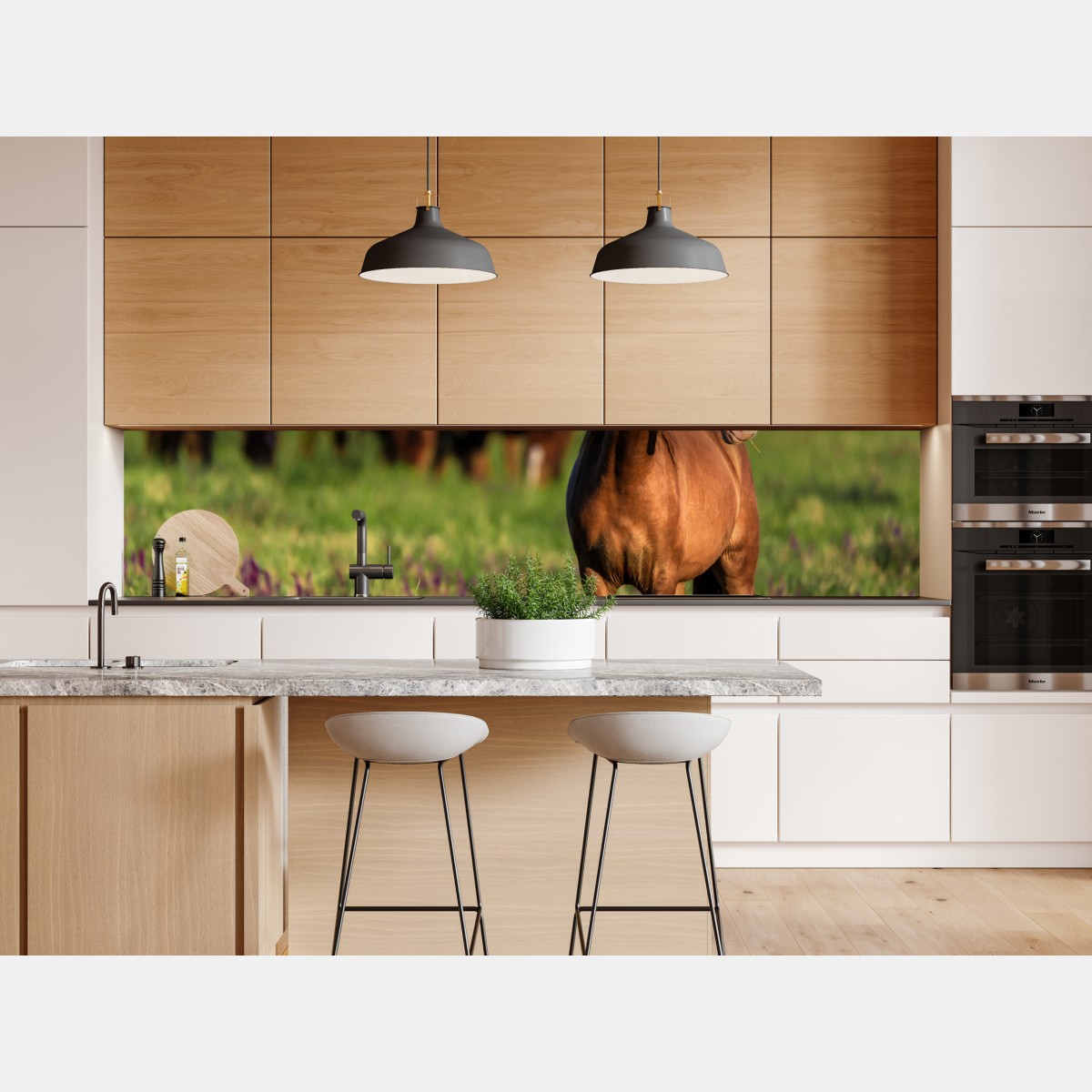 Naklejka repozycjonowalna majestatyczny brązowy koń na słonecznej łące – Wallissimo® Naklejka repozycjonowalna majestatyczny brązowy koń na słonecznej łące – Wallissimo®