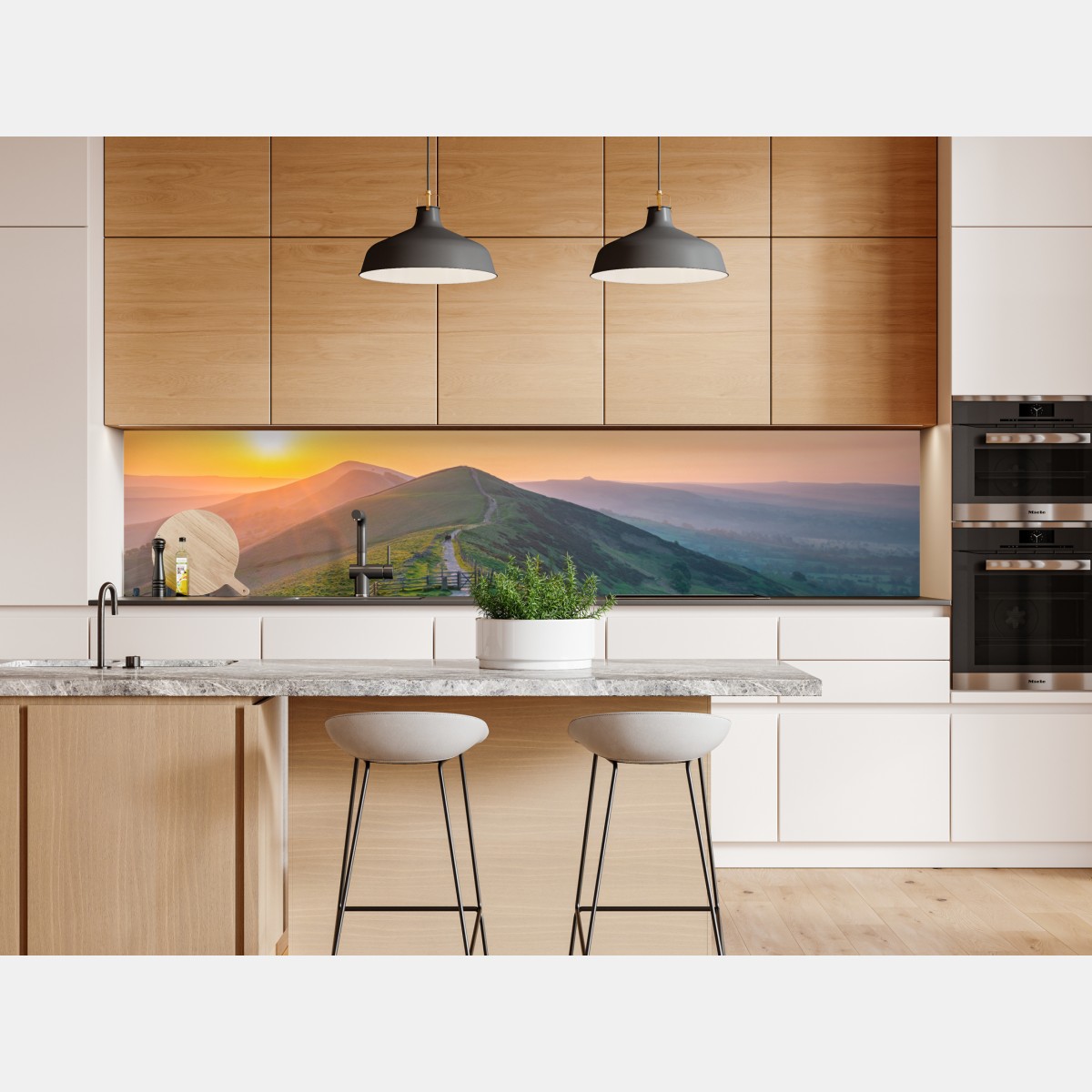 Naklejka repozycjonowalna wschód słońca nad zielonymi wzgórzami z kamienną ścieżką – Wallissimo® Naklejka repozycjonowalna wschód słońca nad zielonymi wzgórzami z kamienną ścieżką – Wallissimo®