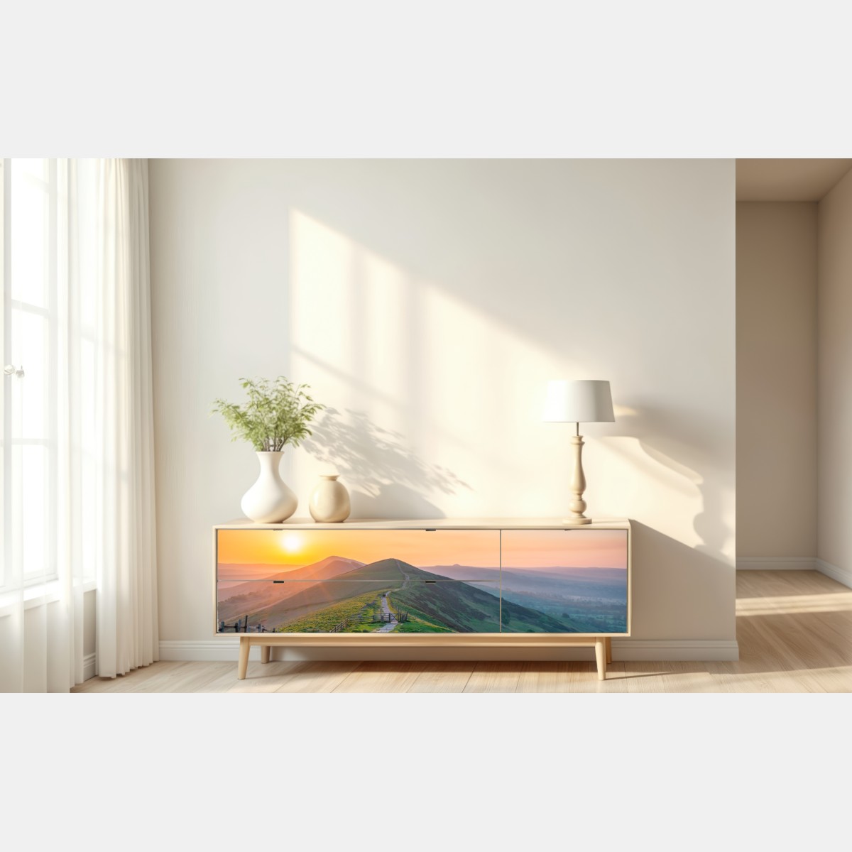 Naklejka repozycjonowalna wschód słońca nad zielonymi wzgórzami z kamienną ścieżką – Wallissimo® Naklejka repozycjonowalna wschód słońca nad zielonymi wzgórzami z kamienną ścieżką – Wallissimo®