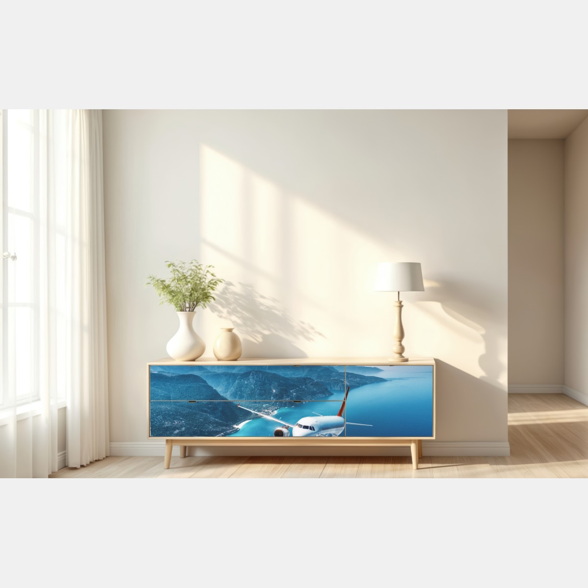 Naklejka repozycjonowalna lot nad wybrzeżem i turkusowym morzem – Wallissimo® Naklejka repozycjonowalna lot nad wybrzeżem i turkusowym morzem – Wallissimo®