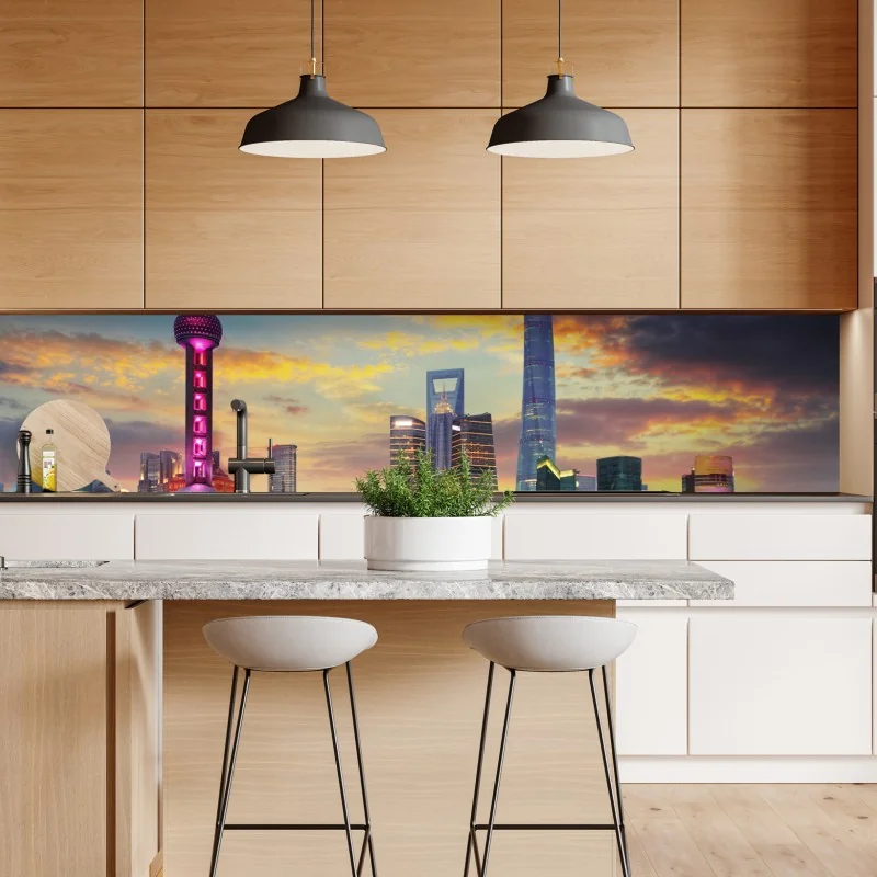 Naklejka repozycjonowalna Szanghaj panorama miasta o zachodzie słońca