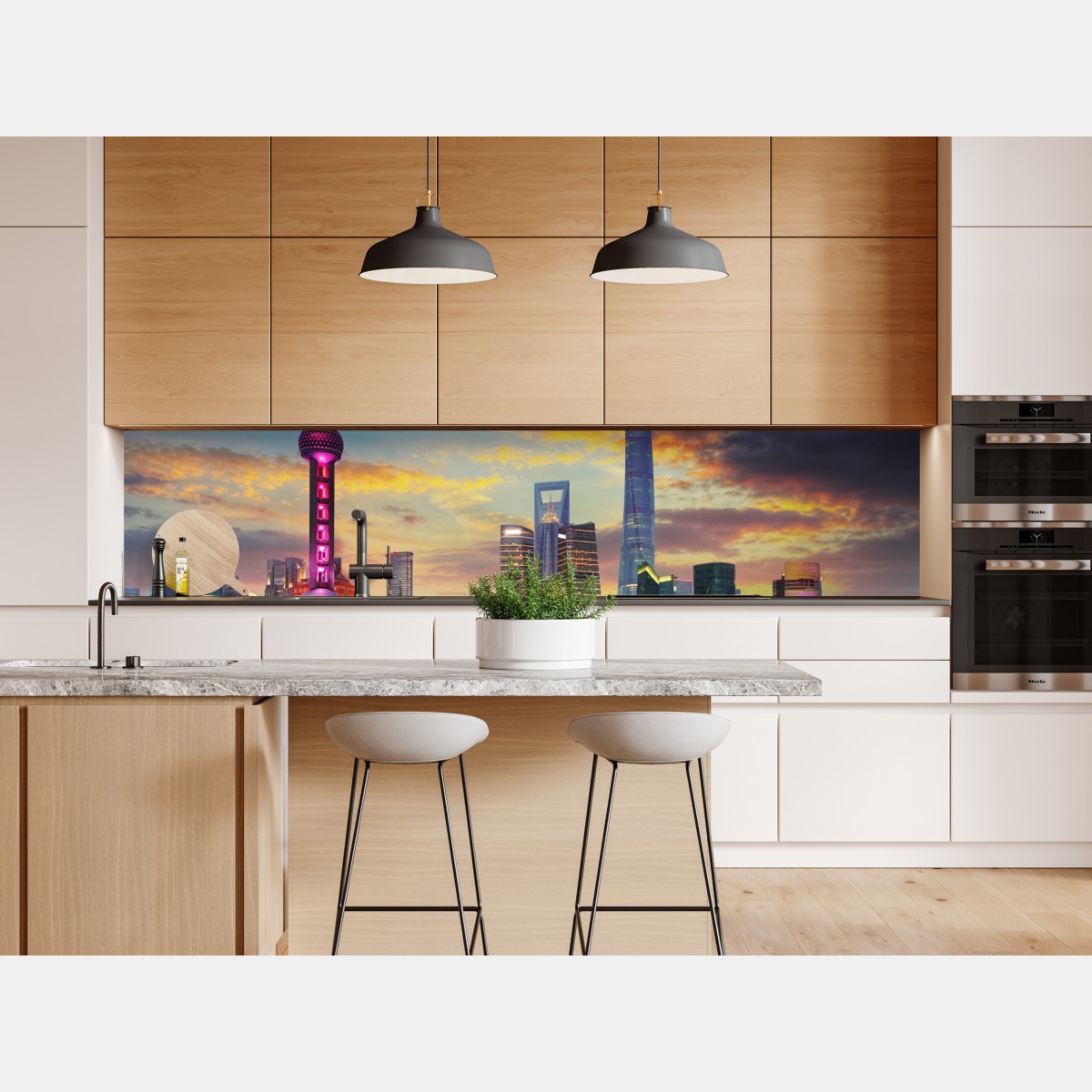 Naklejka repozycjonowalna Szanghaj panorama miasta o zachodzie słońca – Wallissimo® Naklejka repozycjonowalna Szanghaj panorama miasta o zachodzie słońca – Wallissimo®