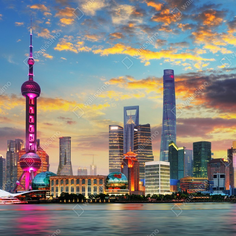 Naklejka repozycjonowalna Szanghaj panorama miasta o zachodzie słońca – Wallissimo® Naklejka repozycjonowalna Szanghaj panorama miasta o zachodzie słońca – Wallissimo®