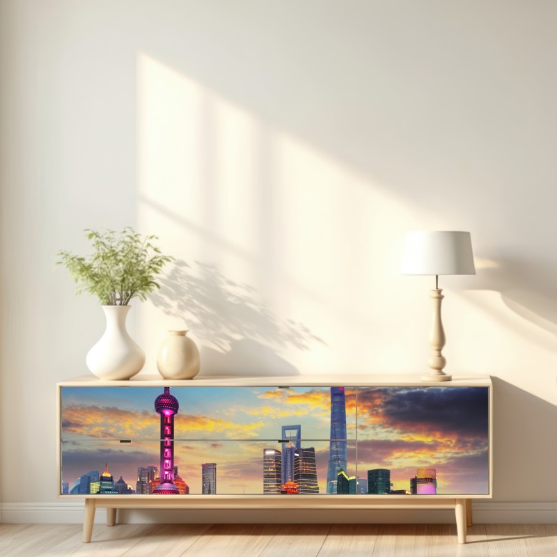 Naklejka repozycjonowalna Szanghaj panorama miasta o zachodzie słońca – Wallissimo® Naklejka repozycjonowalna Szanghaj panorama miasta o zachodzie słońca – Wallissimo®
