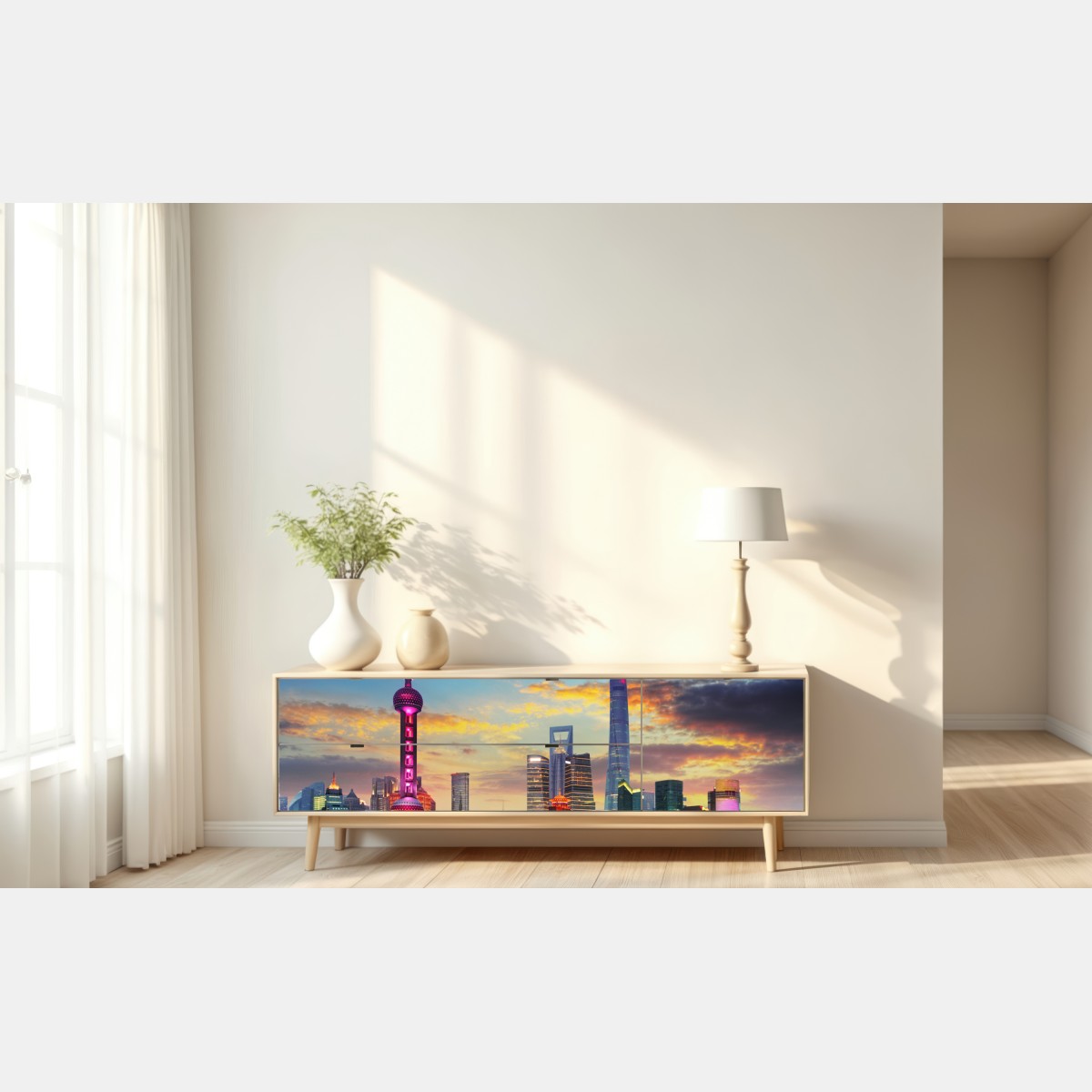 Naklejka repozycjonowalna Szanghaj panorama miasta o zachodzie słońca – Wallissimo® Naklejka repozycjonowalna Szanghaj panorama miasta o zachodzie słońca – Wallissimo®