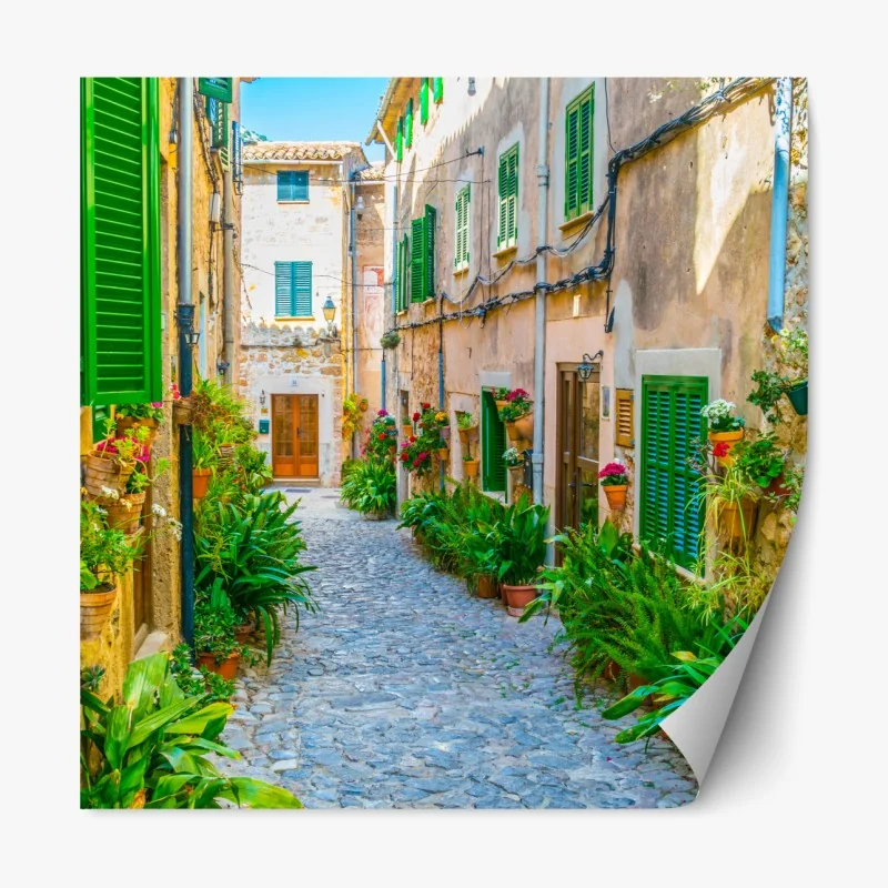 Naklejka repozycjonowalna słoneczna uliczka z zielonymi okiennicami