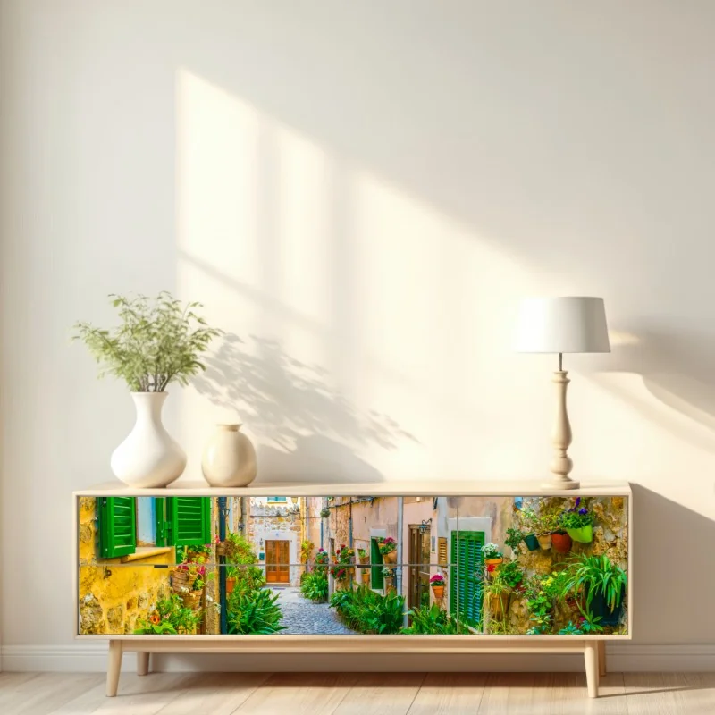 Naklejka repozycjonowalna słoneczna uliczka z zielonymi okiennicami – Wallissimo® Naklejka repozycjonowalna słoneczna uliczka z zielonymi okiennicami – Wallissimo®