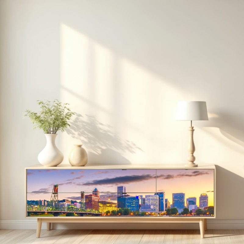 Naklejka repozycjonowalna Portland panorama miasta o zmierzchu nad rzeką Willamette – Wallissimo® Naklejka repozycjonowalna Portland panorama miasta o zmierzchu nad rzeką Willamette – Wallissimo®