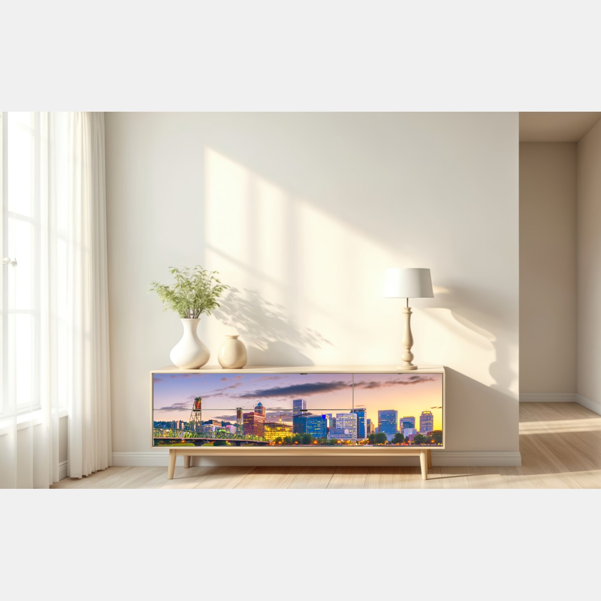 Naklejka repozycjonowalna Portland panorama miasta o zmierzchu nad rzeką Willamette – Wallissimo® Naklejka repozycjonowalna Portland panorama miasta o zmierzchu nad rzeką Willamette – Wallissimo®