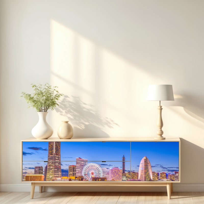 Naklejka repozycjonowalna Yokohama panorama miasta o zmierzchu – Wallissimo® Naklejka repozycjonowalna Yokohama panorama miasta o zmierzchu – Wallissimo®