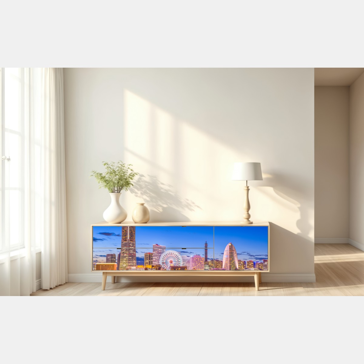 Naklejka repozycjonowalna Yokohama panorama miasta o zmierzchu – Wallissimo® Naklejka repozycjonowalna Yokohama panorama miasta o zmierzchu – Wallissimo®