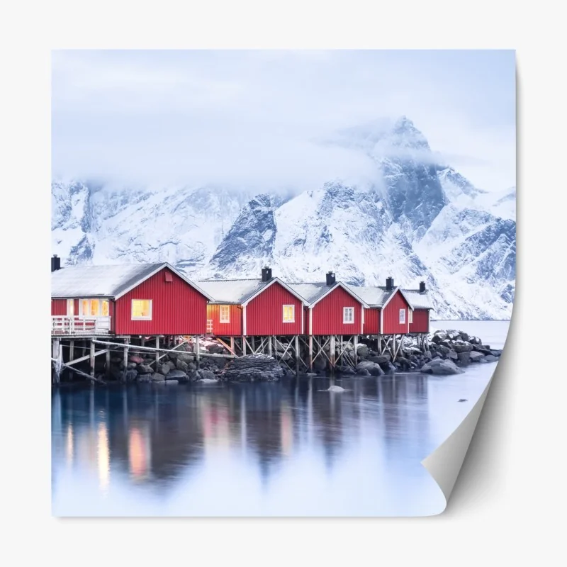 Naklejka repozycjonowalna wschód słońca nad Lofotami i czerwonymi domkami