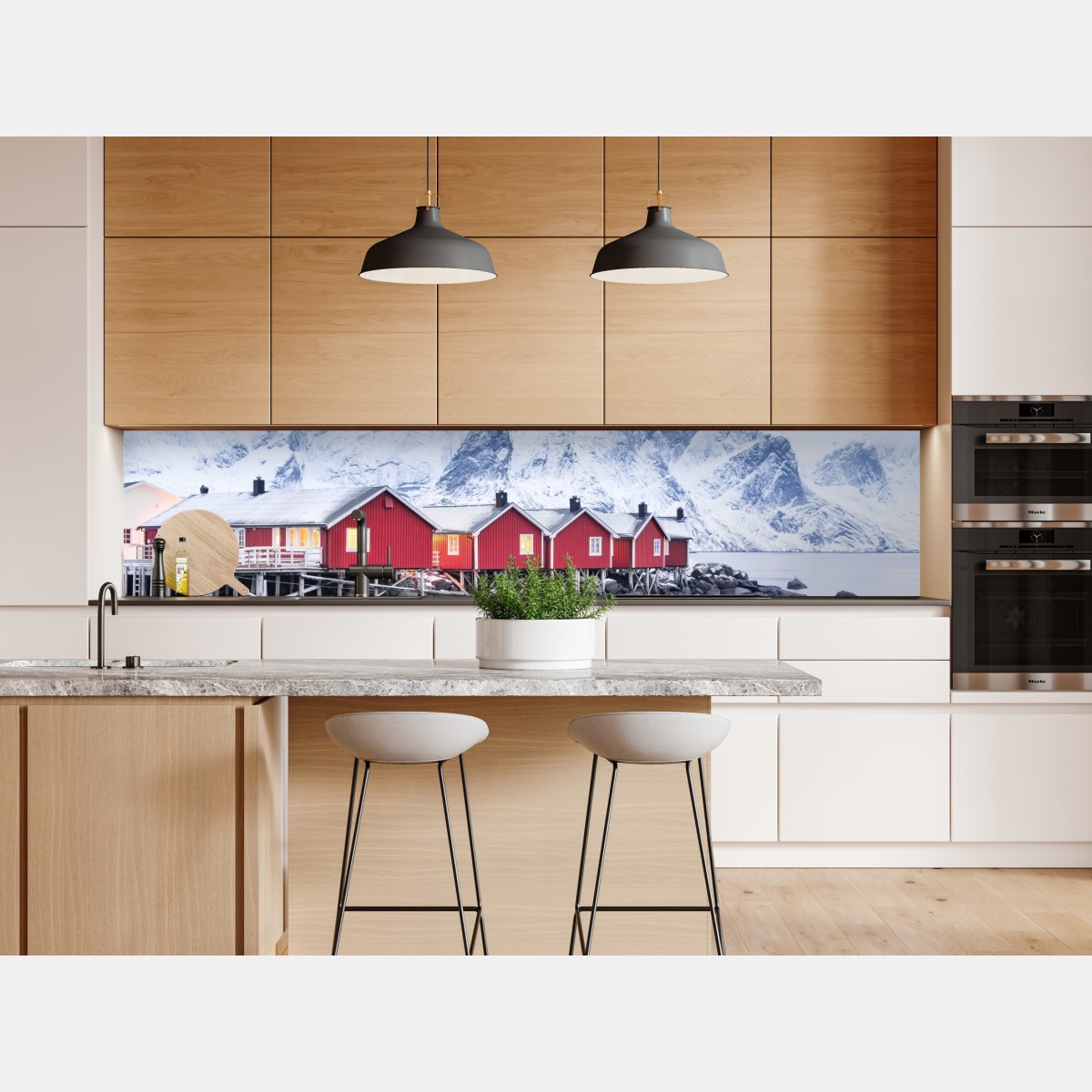 Naklejka repozycjonowalna wschód słońca nad Lofotami i czerwonymi domkami – Wallissimo® Naklejka repozycjonowalna wschód słońca nad Lofotami i czerwonymi domkami – Wallissimo®