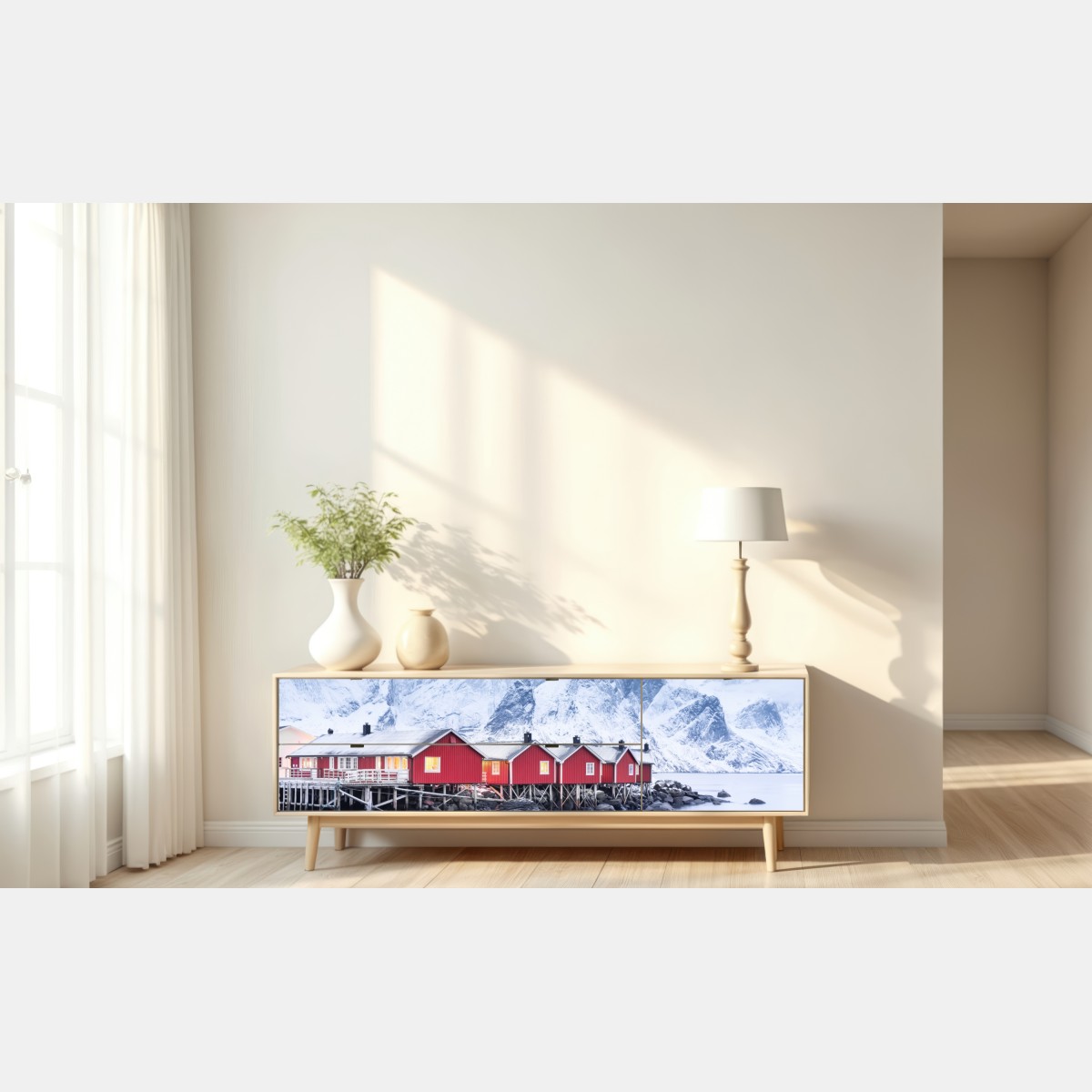 Naklejka repozycjonowalna wschód słońca nad Lofotami i czerwonymi domkami – Wallissimo® Naklejka repozycjonowalna wschód słońca nad Lofotami i czerwonymi domkami – Wallissimo®