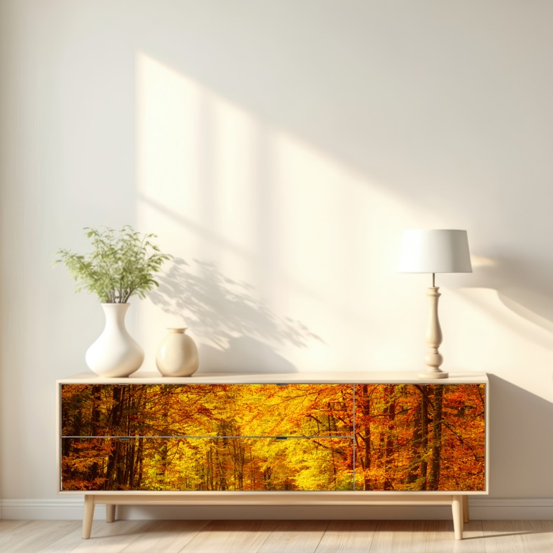 Naklejka repozycjonowalna złota jesienna ścieżka w lesie – Wallissimo® Naklejka repozycjonowalna złota jesienna ścieżka w lesie – Wallissimo®