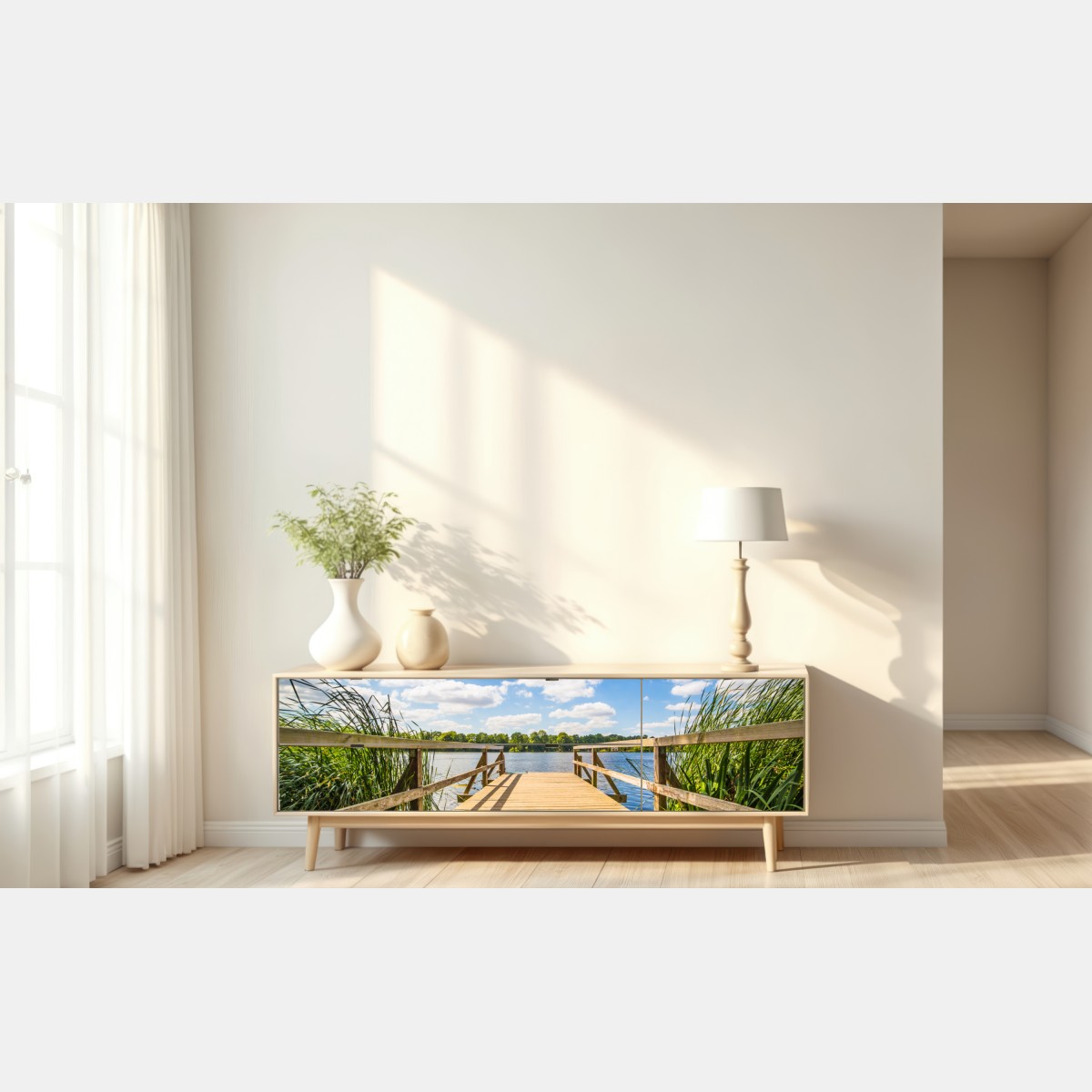 Naklejka repozycjonowalna słoneczny pomost nad jeziorem – Wallissimo® Naklejka repozycjonowalna słoneczny pomost nad jeziorem – Wallissimo®