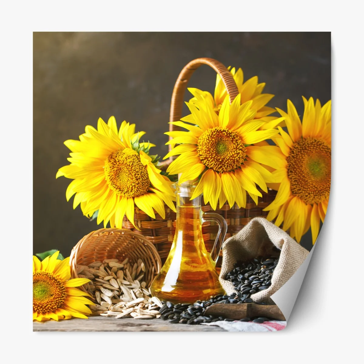 Naklejka repozycjonowalna jasna martwa natura ze słonecznikami, ziarnami i olejem – Wallissimo® Naklejka repozycjonowalna jasna martwa natura ze słonecznikami, ziarnami i olejem – Wallissimo®