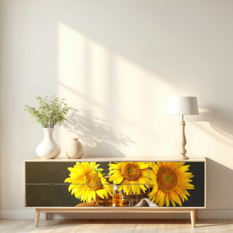 Naklejka repozycjonowalna jasna martwa natura ze słonecznikami, ziarnami i olejem – Wallissimo® Naklejka repozycjonowalna jasna martwa natura ze słonecznikami, ziarnami i olejem – Wallissimo®