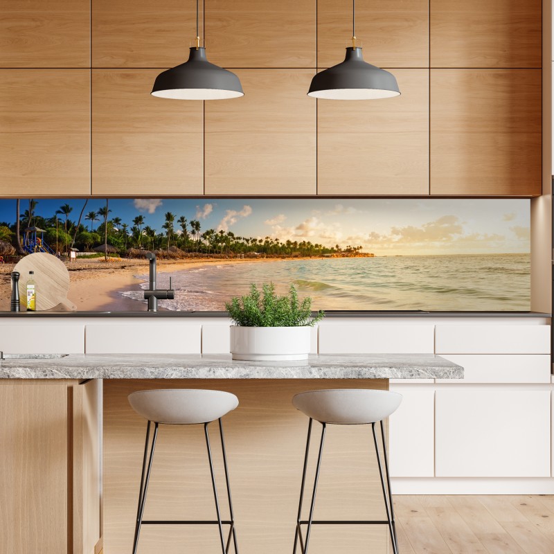 Naklejka repozycjonowalna tropikalna plaża z turkusową wodą i palmą – Wallissimo®