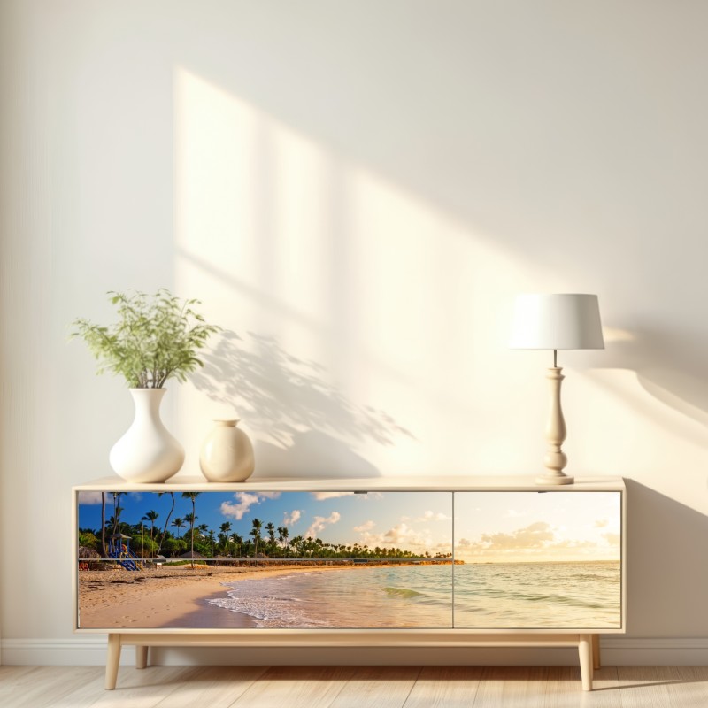 Naklejka repozycjonowalna tropikalny zachód słońca na plaży z sylwetkami palm – Wallissimo® Naklejka repozycjonowalna tropikalny zachód słońca na plaży z sylwetkami palm – Wallissimo®