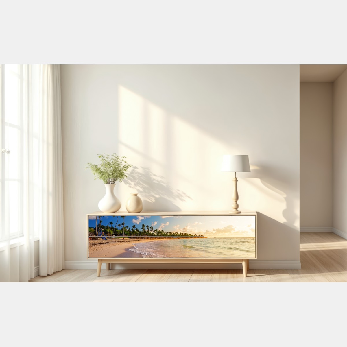 Naklejka repozycjonowalna tropikalny zachód słońca na plaży z sylwetkami palm – Wallissimo® Naklejka repozycjonowalna tropikalny zachód słońca na plaży z sylwetkami palm – Wallissimo®