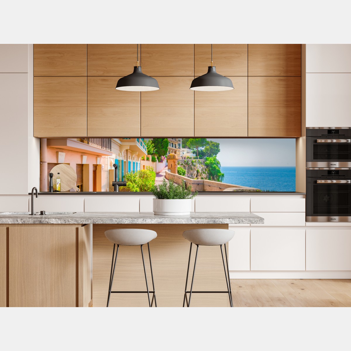 Naklejka repozycjonowalna śródziemnomorska promenada z pastelowymi kamienicami – Wallissimo® Naklejka repozycjonowalna śródziemnomorska promenada z pastelowymi kamienicami – Wallissimo®