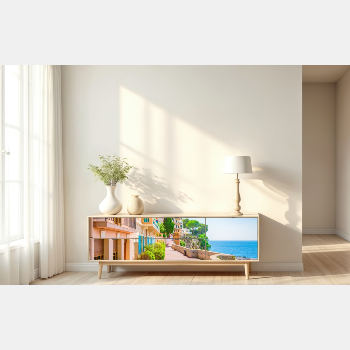 Naklejka repozycjonowalna śródziemnomorska promenada z pastelowymi kamienicami – Wallissimo® Naklejka repozycjonowalna śródziemnomorska promenada z pastelowymi kamienicami – Wallissimo®